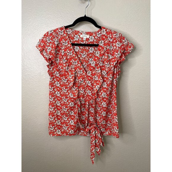 Max Studio Womens Red Floral Wrap Tie Blouse Size M Lightweight Short Sleeve Top - Picture 2 of 7